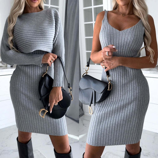 2Pcs Suit Women'S Solid Stripe Long-Sleeved Top and Tight Suspender Skirt Fashion Autumn Winter Slim Clothi